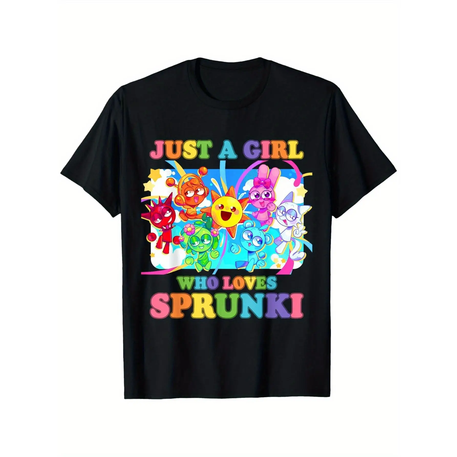 [Casual Cool] Kids' "Just a Girl Who Loves Sprunki" Cotton T-Shirt - Colorful Cartoon Graphic, Short Sleeve, Round Neck, Machine Washable, All-Season