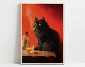 [UNFRAMED POSTER] Black Cat Smoking a Cigarette Poster, Vintage Print, Whimsical Wall Art, Funny Animal Art, Poster for Bar Cart, Quirky Kitchen Wall Decor