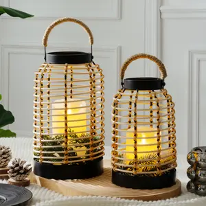 Natural  Rattan Handwoven Lantern Tabletop Wicker Lantern Portable Candle Lantern with Carrying Handle Decorative Lantern Perfect for Any Living Room, Patio & Porch, Indoor and Outdoor