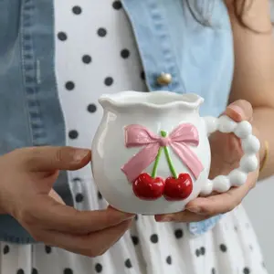 Cherry Relief Ceramic Mug, Girl Heart Office Coffee Cup, Glazed Gift Souvenir, Cute and Unique Design, Perfect for Daily Use