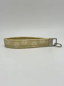 Tan Smiley Face Keychain Wristlet, Key Fob Lanyard, Retro Keychain, Y2K, Handmade