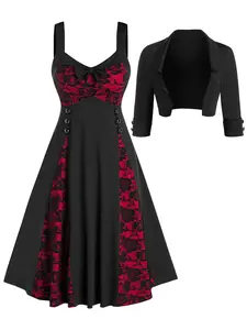 DRESSLILY 2025 Women's Gothic Dress Sleeveless Flower Lace Vintage Dress and Cropped Jacket Suit, Black Dresses