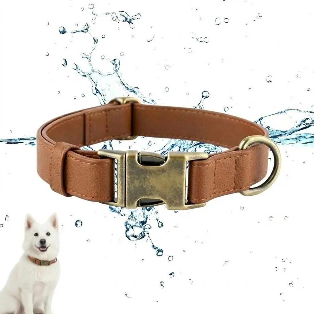 Waterproof Dog Collar with Vintage Brass Buckle Soft Silicone Leather Look Durable and Odor Free for Small Medium Large Dogs