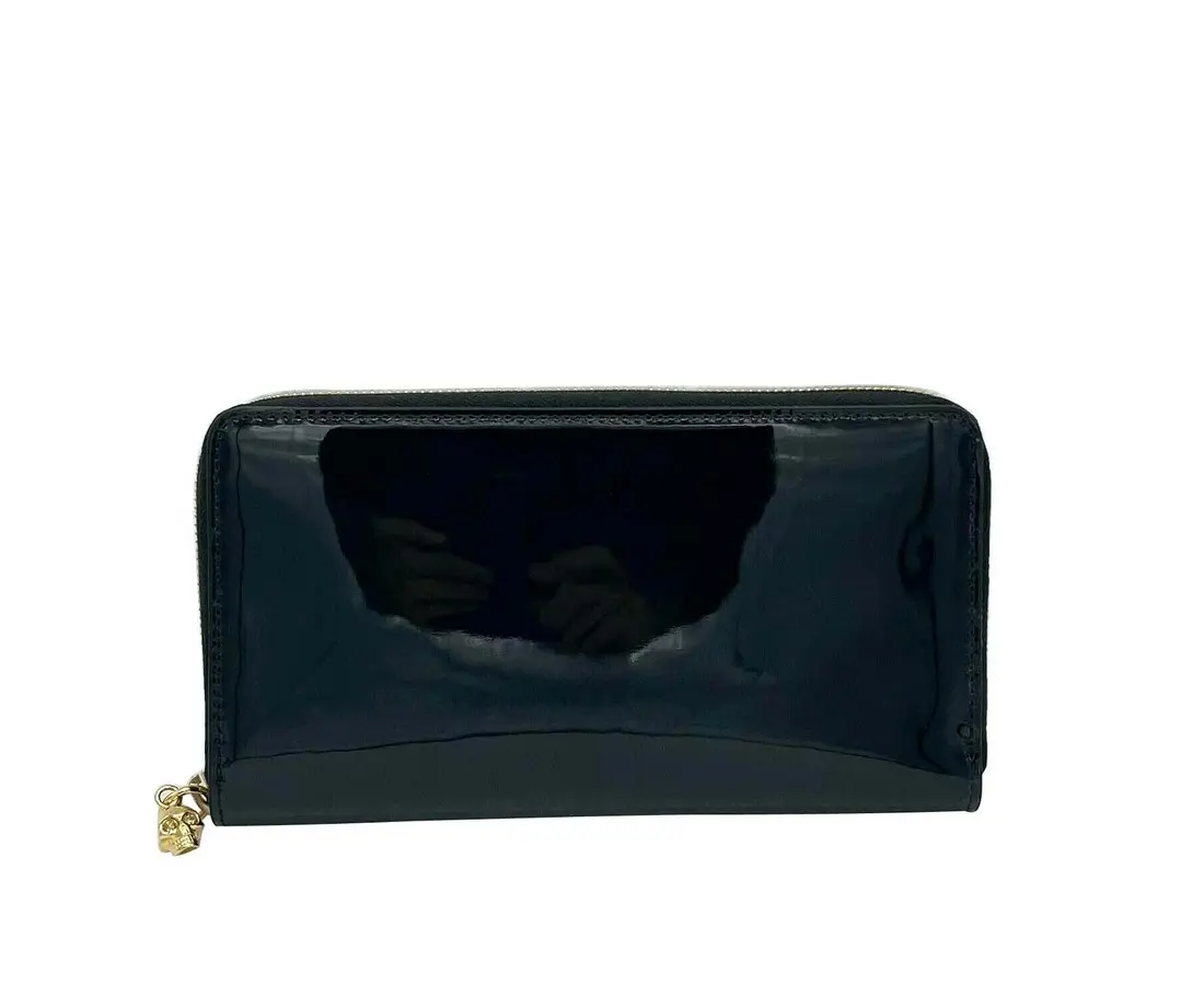 Pre-owned Alexander McQueen Patent Leather Small Leather Goods Women's Dark Navy Zip Around Wallet