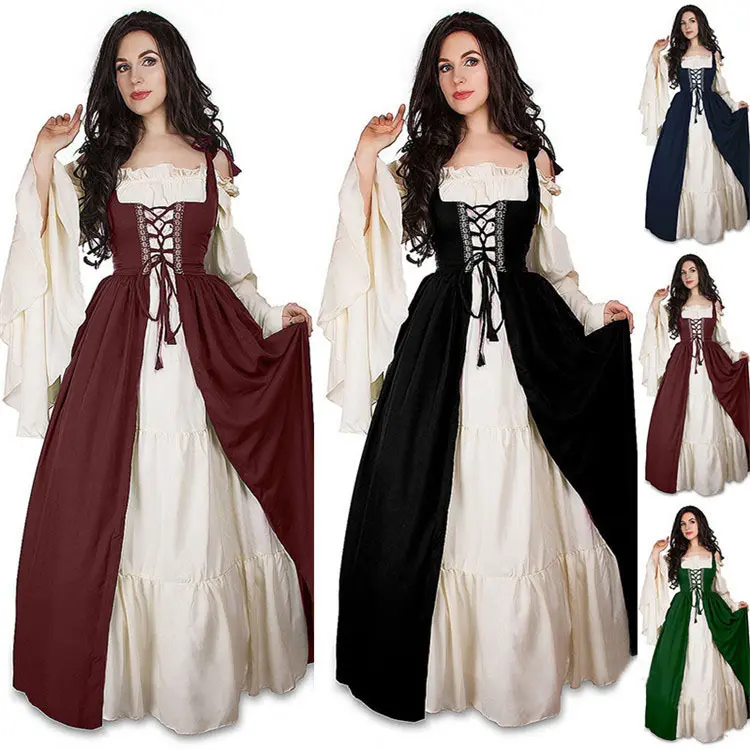 Women's Elegant Medieval Renaissance Long-Sleeve Polyester Flared Dress with Adjustable Waist Tie - Halloween Costume, Party Clothes, Stage Performance Outfit, Ruffle, Lacy