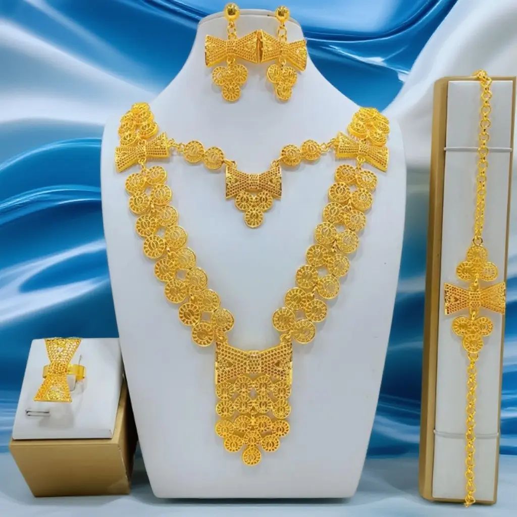 Women's 4-Piece Handmade Floral Jewelry Set, Plated Alloy Wedding Gift with O-Chains Necklace, Drop Earrings, Bracelet, and Ring, Pendant, Gold Plated, Anniversary, Female, 17.75 Inches, Fringe, Flower, Personality, Geometric, Handmade Details, Glamour Se