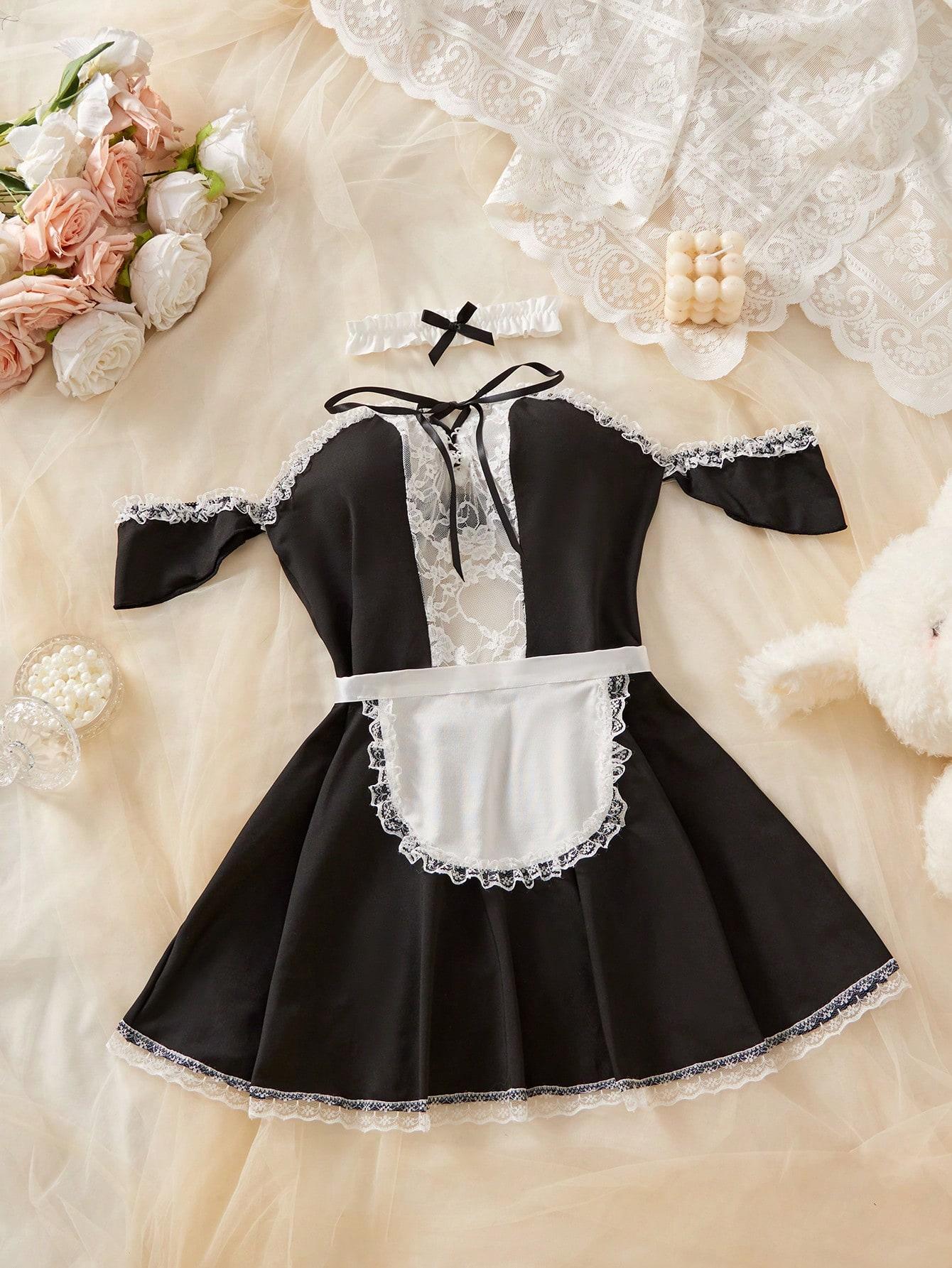 LUSHLACE Maid Costume Set Sexy Lace Patchwork 3PC Soft Fabric Cosplay Party