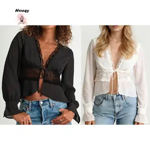 Women's Bow Tie Front Tops Flare Long Sleeve Lace Patchwork Shirt Deep V Neck Peplum Blouse