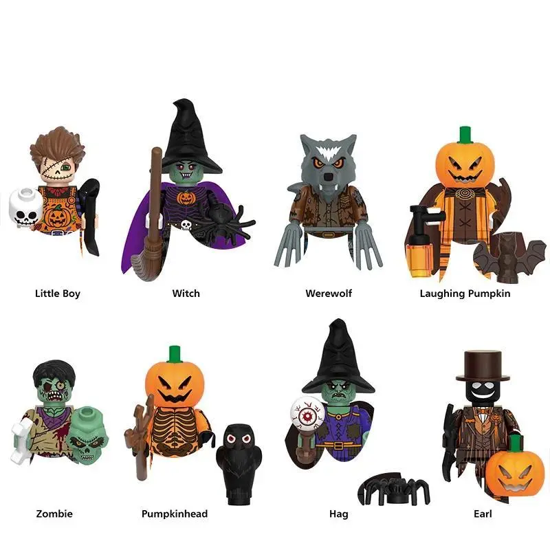Werewolf Zombie Pumpkinhead Minifigures Building Blocks Action Figures with Brooms Skulls Bats Collectible Set for Halloween