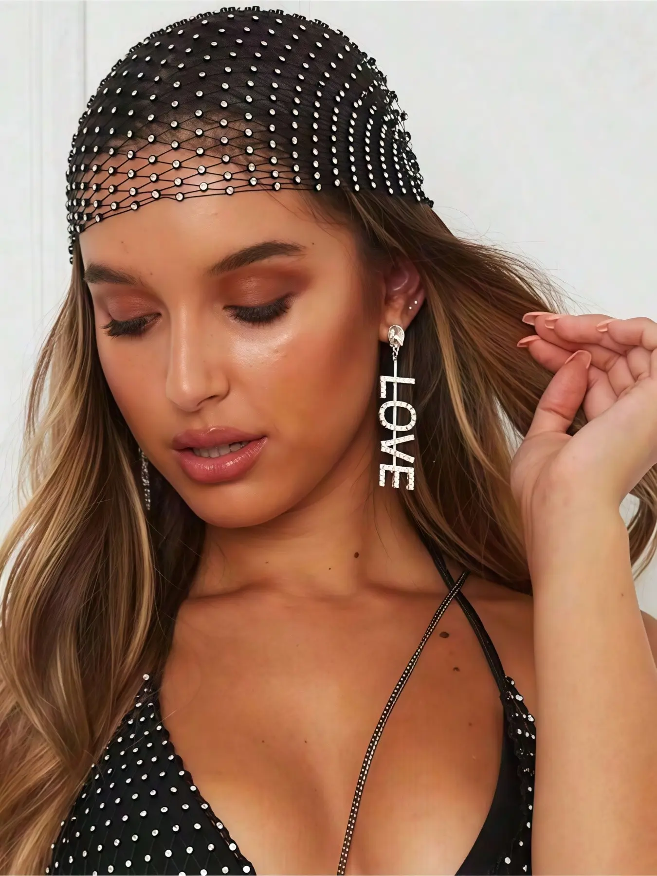 Rhinestone Crystal Embellished Fishnet Hair Scarf, Glittering Mesh Veil Headband, Elastic Hairband, Fishnet Design, Bridal Headpiece, Personalized Hair Accessories, Suitable For Ladies' Daily Wear, Dance, Wedding, Party, Events, Fashion Hair Accessories