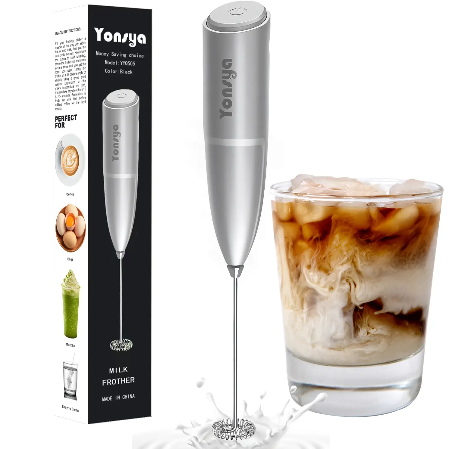 Yonsya Hand Mixer Milk Frother for Coffee - Electric Handheld Foam Maker for Lattes Cappuccino Frappe Matcha Hot Chocolate - Battery Operated Perfect