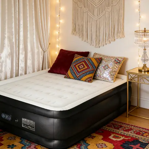 Queen 18-in Air Mattress with Built-in Pump, 660 lbs Max Weight Capacity, Non-Slip Bottom, Low-Noise Comfortable Sleeping Surface, Easy Inflation & Deflation, No Extra Tools Needed, Portable Camping Sleeping Gear for Indoor/Outdoor Use, Family Gatherings