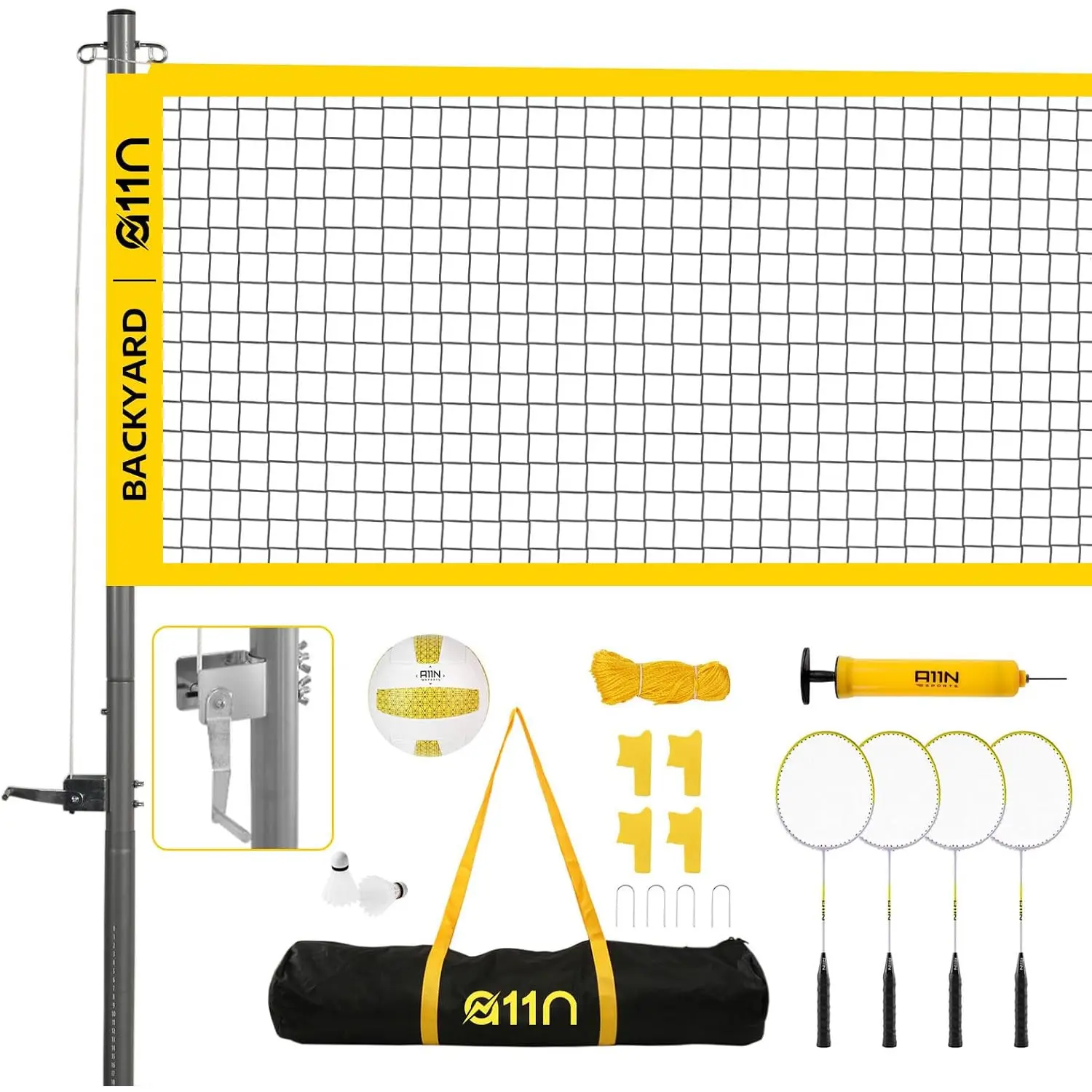 Outdoor Volleyball and Badminton Combo Set - Includes Adjustable Height Anti-Sag Net, Volleyball, Air Pump, 4 Badminton Rackets, 2 Shuttlecocks, Boundary Line Marker, and Carrying Bag