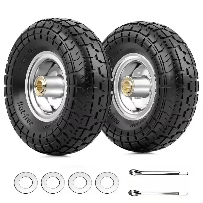 【SSS】4.10/ 3.50-4 Inch Run-flat Tire and Wheel, 10 Inch Heavy Duty Solid Tire, 5/ 8 Inch Axle Hole, 2.2 Inch Offset Hub, Suitable for Wheelbarrow, Garden Cart, Trolley, Cart Replacement Parts