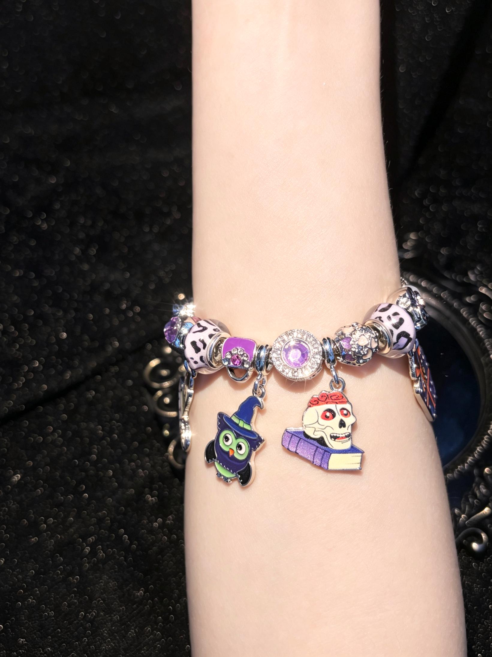Women's Halloween Theme Silver-Tone Charm Bracelet with Owl, Skull, Candle Gift Box Dangle Charms and Beads - Party Costume Jewelry Women's Halloween Theme Silver-Tone Charm Bracelet with Owl, Skull, Candle Gift Box Dangle Charms and Beads - Party Costume Jewelry