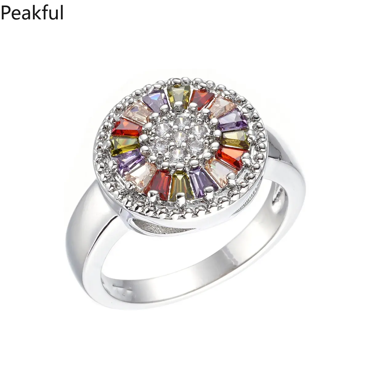 Multicolor CZ Boho Statement Ring, Women’s Silver Plated Floral & Leaf Eternity Band, Sparkly Rainbow Gemstone Jewelry, eye-catching design with polished finish, ideal for everyday wear, music festivals, date nights and gift-giving