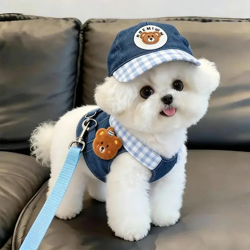 New dog clothing: dog harness and leash set, denim pet vest with sun hat, suitable for small dogs, cats, and puppies Shirt