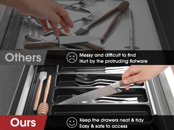Expandable Silverware Organizer – Adjustable Kitchen Drawer Tray for Forks, Knives, Spoons, Multipurpose Storage, Black