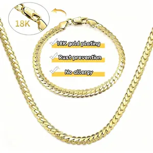 18K gold plating Stainless Steel Necklace  Chain set, Flat Curb Chain Necklaces Unisex, Gold Plated Chunky Hip Hop Neck Chain, 5mm Width, 20-24 Inches Length Jewelry for Mens Women - Hypoallergenic, Tarnish-Resistant, Ideal For Parties & Gifts