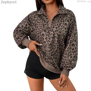 Womens Cheetah Print Oversized Sweatshirt Half Zip Pullover Corduroy Long Sleeve TopsZephyroXX13Home sug