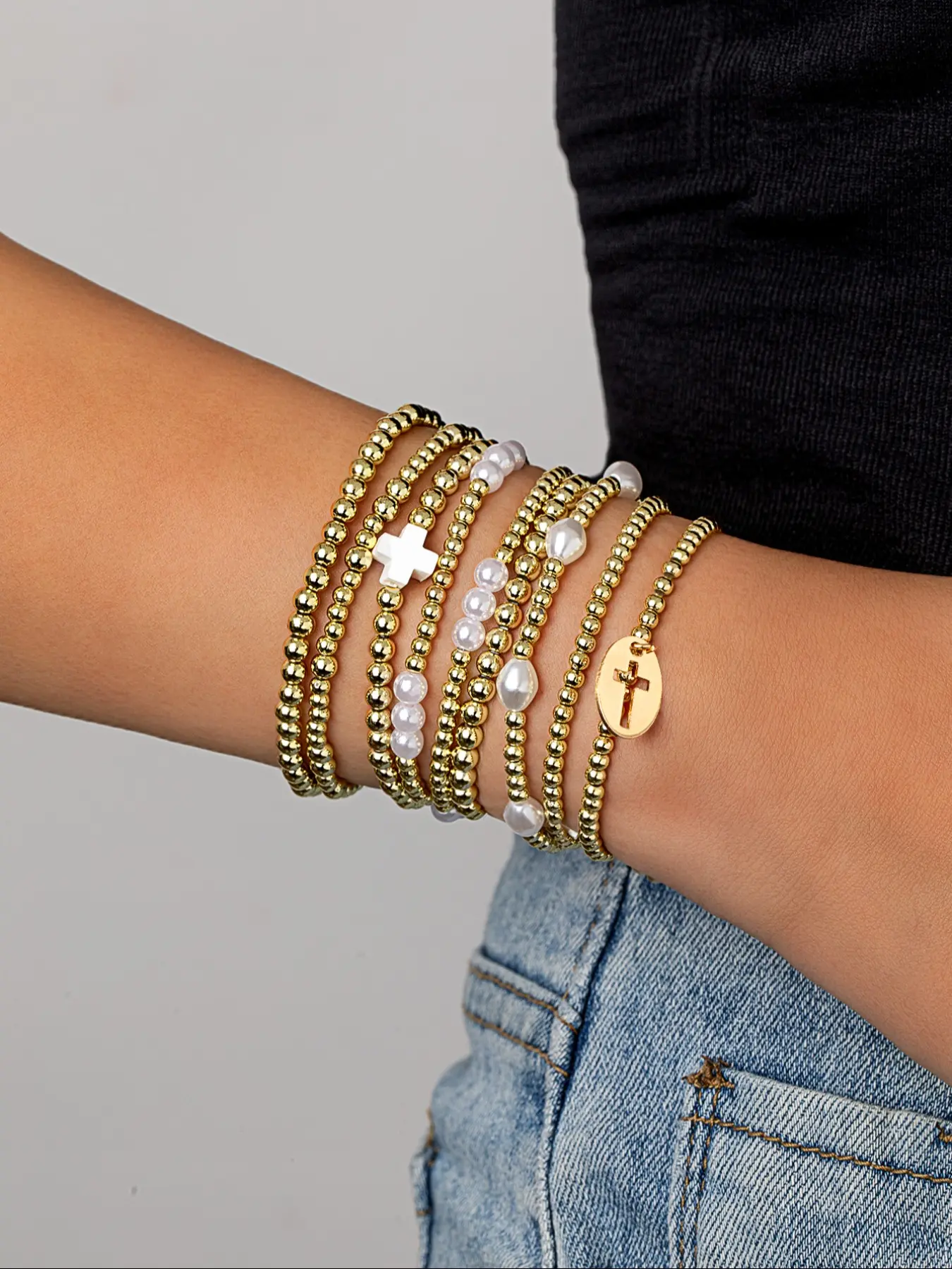 Boho Style Ccb Beaded Cross Bracelet Set, Faux Pearl Women's Jewelry, Layered Stackable Design, Versatile Accessory, Perfect Gift for Holidays, Fashionable Bracelet, Stackable Bracelets