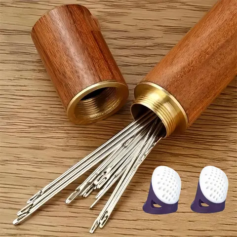 30pcs Premium Silver Stainless Steel Self-Threading Hand Needles Set - Sewing Supplies, 2 Finger Guards, Solid Wood Storage Case, Versatile Mini Sewing Kit for Home DIY Cloth Repair, Ideal Gift for Adults