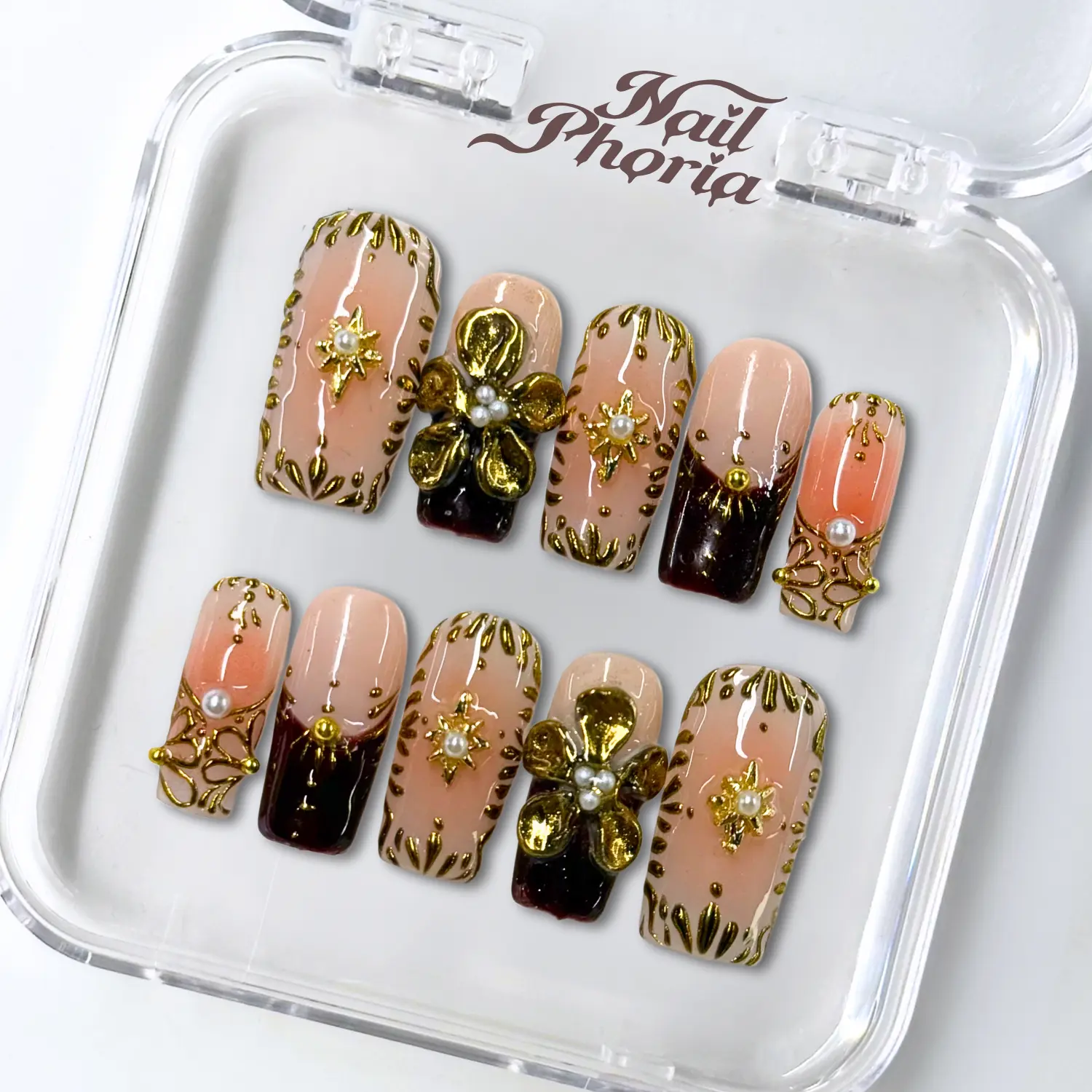 NailPhoria SEPIA DIVINE - Handmade Press-On Nails | Reusable, Salon-Quality, Long-Lasting, Glossy Design