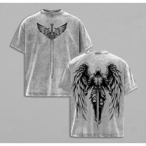 Arcangel Saint Michael T-Shirt Washed - Holy Warrior Angel Graphic Shirt, Sword and Wings Vintage Washed Top, Christian Gothic Streetwear Outfit Church - Gym Pump Cover Jesus Apparel