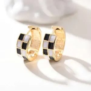 Women's Gold Checkered Black and White Huggie Earrings - Perfect for Any Occasion halloween earring ideal holiday woman jewelry secure fit