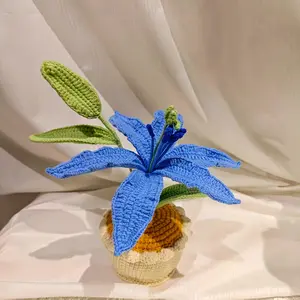 Finished Crochet Flower Bouquet in Vase - Elegant Blue & Beige Hand, Valentine's Day, Christmas Home Decor, Durable Long-Lasting Decoration, Meaningful Gift for Home Decor