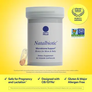 Ritual Natalbiotic™ Microbiome Support†* Biotics for Mom & Baby. Formulated to Support Digestive Health, Vaginal Health, and Baby’s Immune Health.* Designed with OB/GYNs‡. Non-GMO, Vegan, 30 Days.