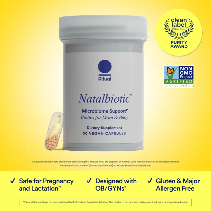 Ritual Natalbiotic™ Microbiome Support†* Biotics for Mom & Baby. Formulated to Support Digestive Health, Vaginal Health, and Baby’s Immune Health.* Designed with OB/GYNs‡. Non-GMO, Vegan, 30 Days.