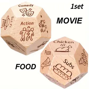 Wooden Decision Dice Set, 2/4 Counts 12-sided Food & Date Night Movie Selection Dice, Party Game for Couples, Gift for Husband Wife Boyfriend Girlfriend