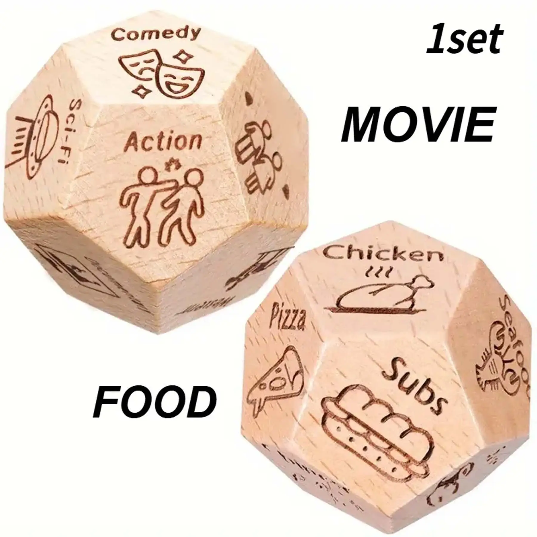 Wooden Decision Dice Set, 2/10 Counts 12-sided Food & Date Night Movie Selection Dice, Party Game for Couples, Gift for Husband Wife Boyfriend Girlfri
