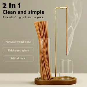 2 in 1 Incense & Candle Holder Natural Wood Base Aromatherapy Diffuser with Removable Glass Ash Collector for Living Room Bedroom Scented Fragrance Decor Ornament Perfume Woody Bakhoor Burner