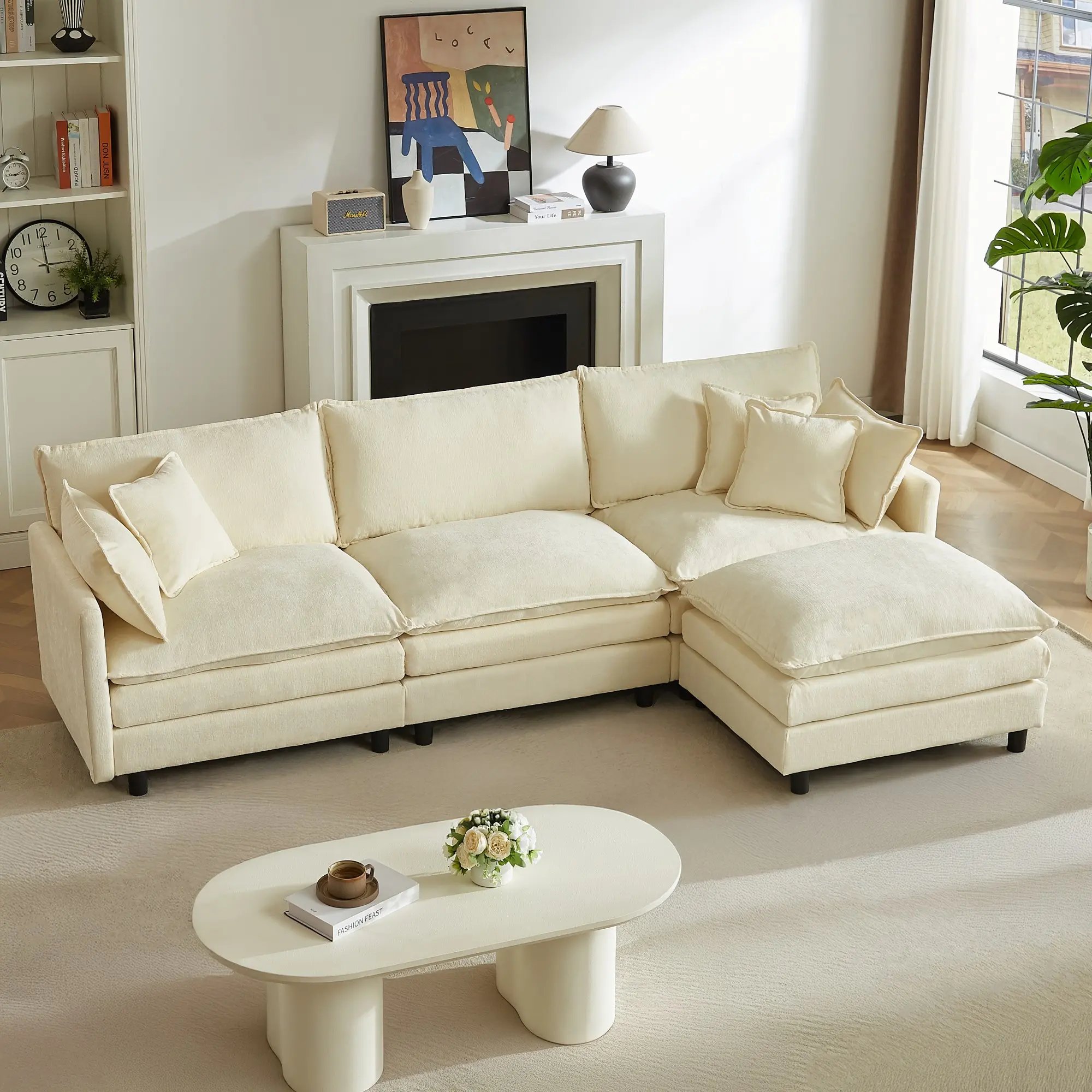 Eyisean 110.5" Chenille Modern Modular L-Shaped Sleeper Sofa Set, 3-Seater Deep Seat Cloud Couch with Movable Ottoman, Upholstery & Pillows, Solid Wood Frame for Living Room, Apartment (2 Packages Shipping)