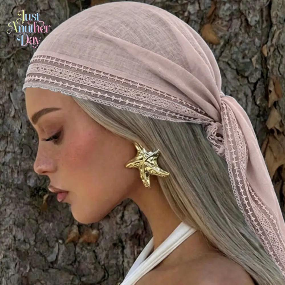 Bohemian Lace Trim Cotton Linen Headscarf, 95x95cm Ethnic Square Bandana, Lightweight Headwrap Scarf for Women's Daily & Vacation