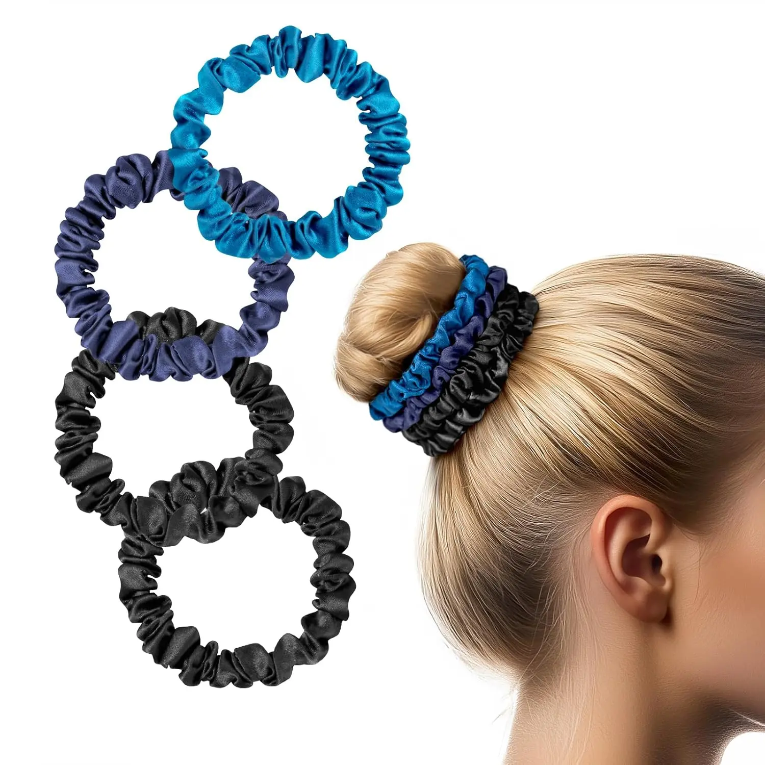 Silk Scrunchies for Hair, 4 count Pure Mulberry Silk Hair Ties No , Skinny Elastic Scrunchies for Fine & Thin Hair, Black Navy Royal Blue