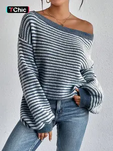 Women's Striped Drop-Shoulder Sweater, Casual Bishop Sleeve Boat Neck Jumper for Daily Outdoor Wear, Ladies Knitwear for All Seasons, Womenswear, Tops