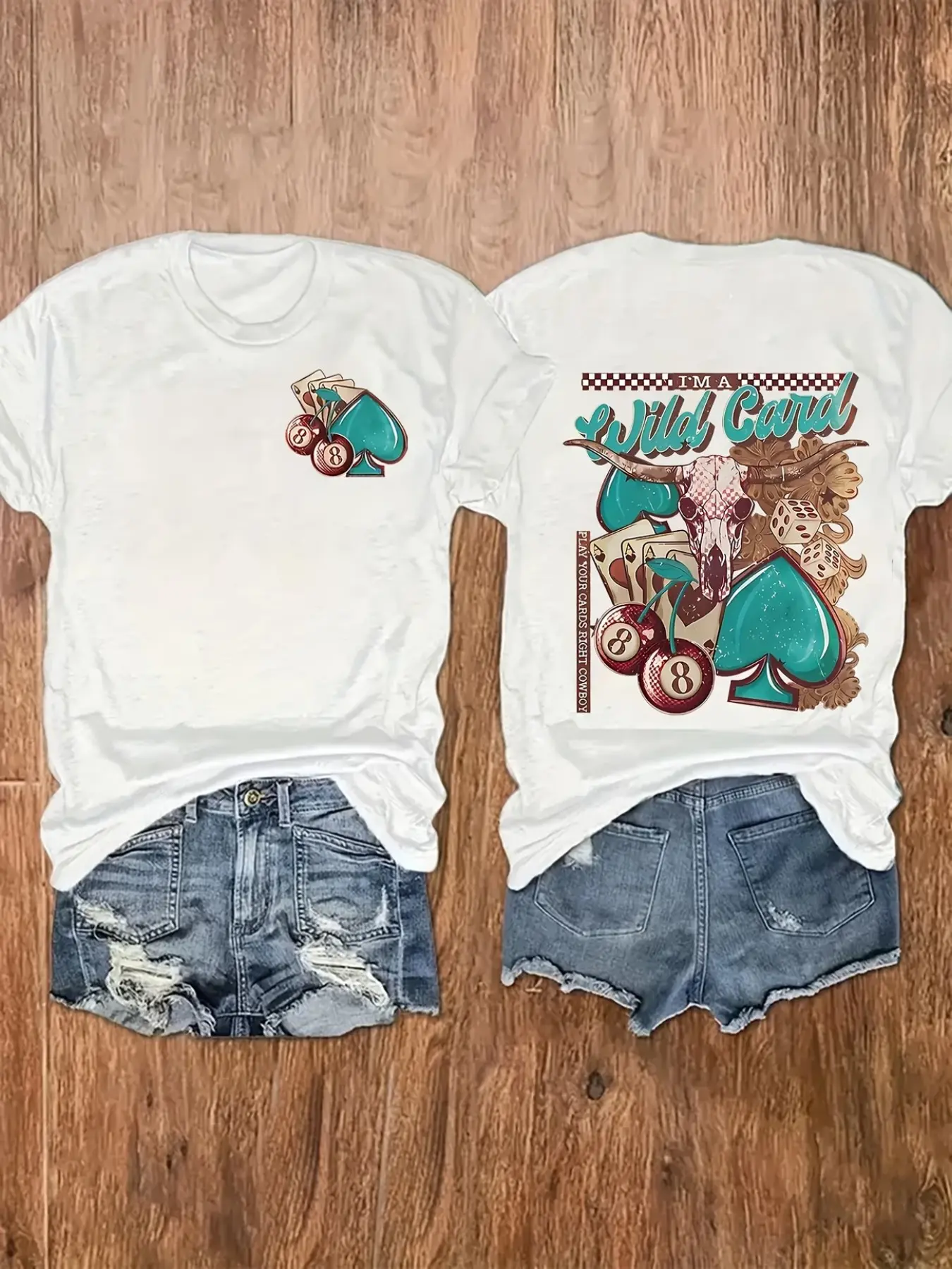 American retro Western Casual style short-sleeved T-shirt with front and back print, new summer style for women; Wild Card poker bull head 8-ball distressed print loose top, Streetwear