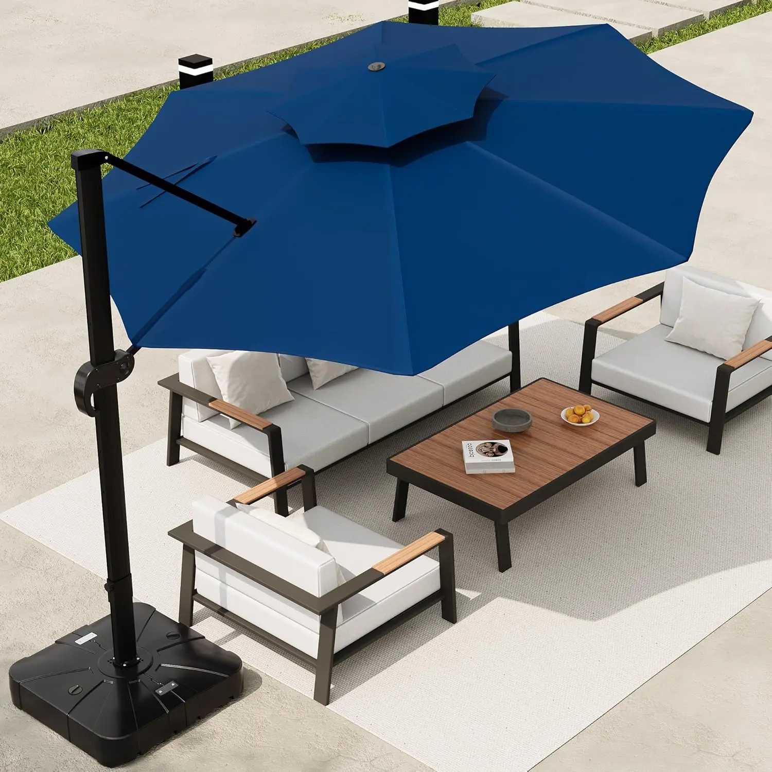 10x10 FT Round Outdoor Umbrella with Base, Cantilever Patio Umbrella with 360° Rotation & Adjustable Height, Heavy Duty Aluminum Umbrella Outdoor Patio for Garden Poolside