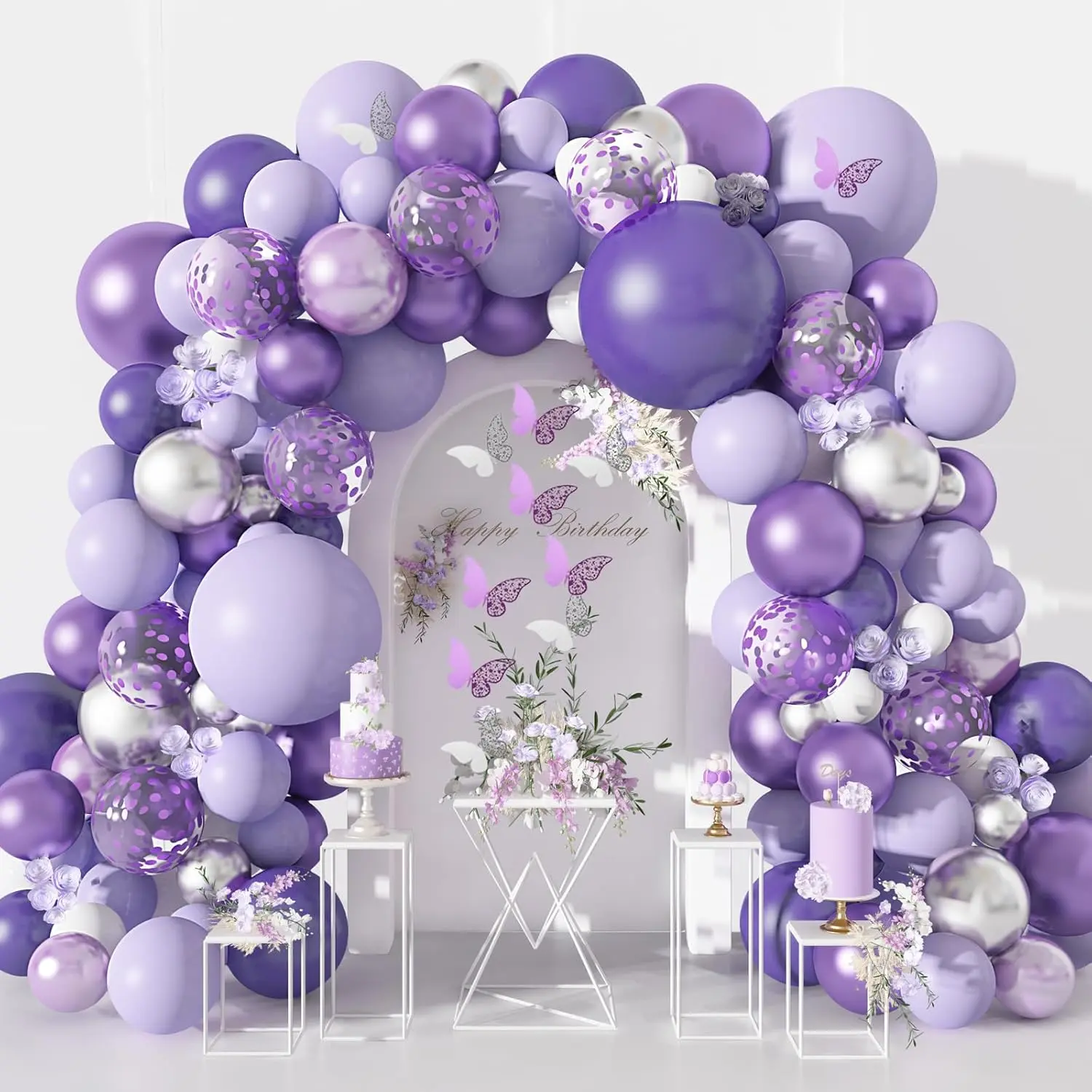 Amandir 144Pcs Purple Balloon Garland Arch Tool Kit with 12Pcs Butterfly Stickers, Lavender Purple Confetti Metallic Balloons, Knot Ties & Lights for Girl’s Baby Shower, Birthday Party Decorations, Butterflies