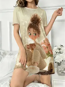 Women's Round Neck Short Sleeve Sleepwear Loungewear, Dreamy Cartoon Cute Girls Front Back Printed Pajamas Pjs, Casual Fitted Home Clothes, Homewear