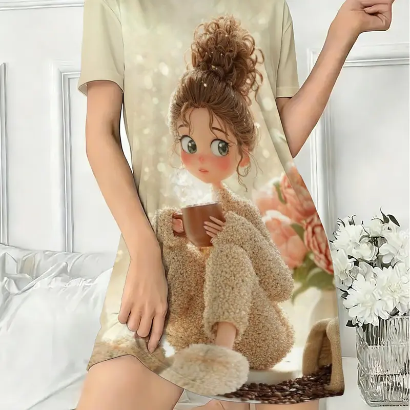 Women's Nightdress, Round Neck Short Sleeve Pajamas, Cute Cartoon Print, Christmas Theme, All Seasons Casual Sleepwear, Knit Sleepwear