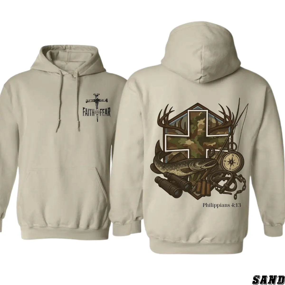 Philippians 4:13 Faith Over Fear Hoodie with Cross and Outdoor Hunting Fishing Graphic, Christian Religious Sweatshirt, Unisex Streetwear Gift for Men and Women