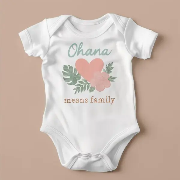 Soft Tropical "Ohana Means Family" Baby Bodysuit – Hawaiian Baby Shower Gift, Cute Gender Neutral Baby Outfit, Aloha Baby Clothes Graphic Rabbit Skins - Infant Baby Rib Bodysuit - 4400