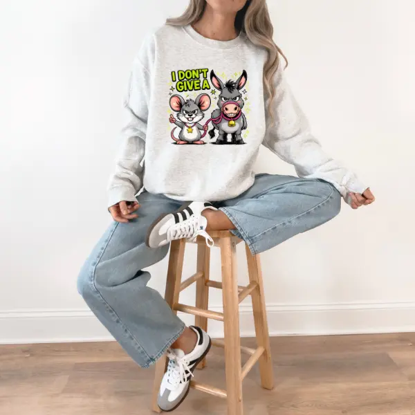 Funny Donkey & Mouse Graphic Sweatshirt “I Don’t Give A” Unisex Crewneck Soft Fleece