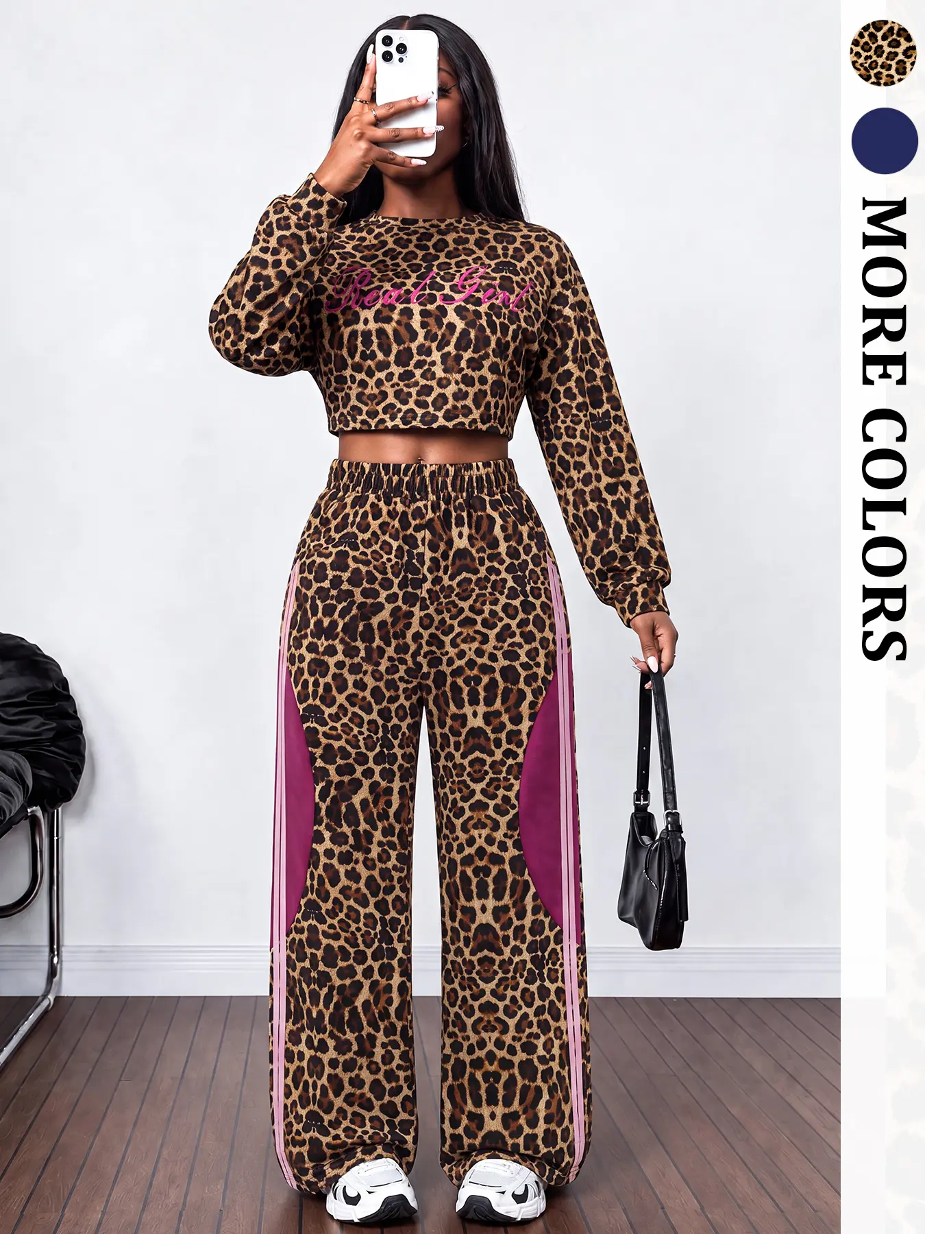 Women's Leopard Print 2-Piece Casual Tracksuit - Cropped Long-Sleeve Top & Wide-Leg Pants Set with Letter Graphic, Ideal for Streetwear & Daily Going-Out Womenswear Clothing Set