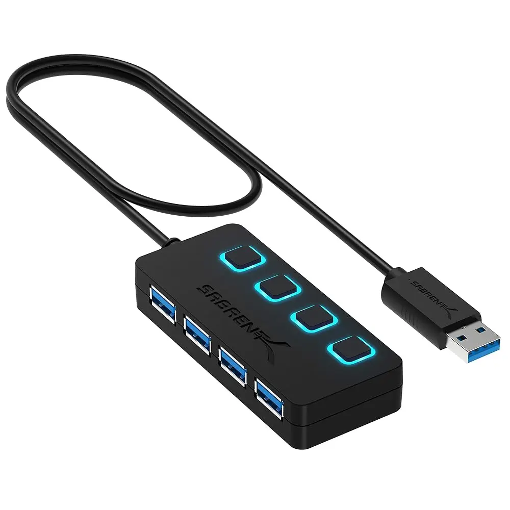 Sabrent 4-Port USB 3.0 Hub with Individual LED Power Switches, Slim Portable Design, Fast Data Transfer for Mac and PC