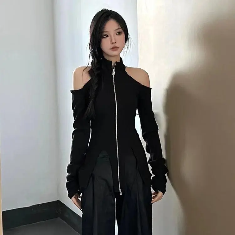 Women's Y2K 2025 Womenswear Knit Pullovers - Stand Collar, Off-Shoulder, Halter, Crewneck Options, Long Sleeve, Zipper Detail, Slim/Loose/Oversize Fits, Basic Black Minimalist E-Girl Everyday Casual Knit Tops